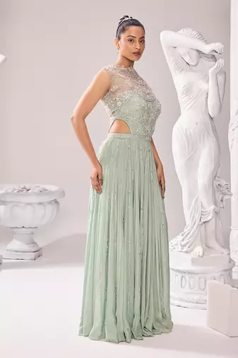 Green jacket net embroidery pearl caroline corset jumpsuit