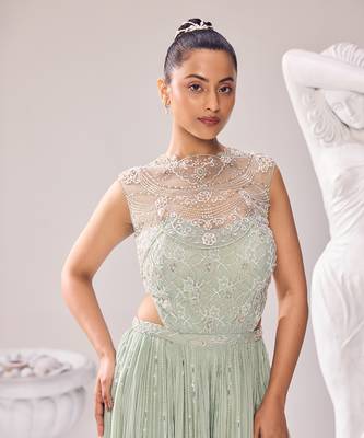 Green jacket net embroidery pearl caroline corset jumpsuit 4