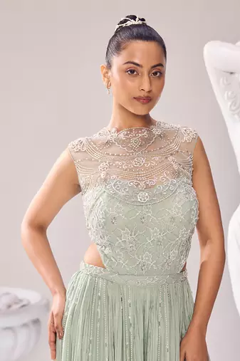 Green jacket net embroidery pearl caroline corset jumpsuit