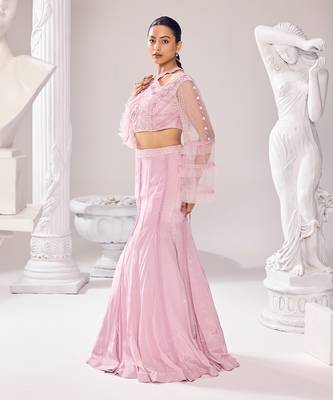 Pink Nectar Hand Embroidery Crepe Lehenga set 2