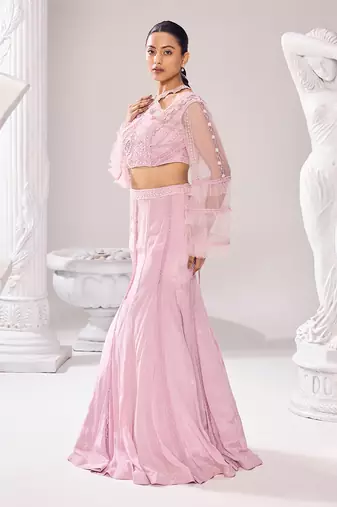 Pink Nectar Hand Embroidery Crepe Lehenga set