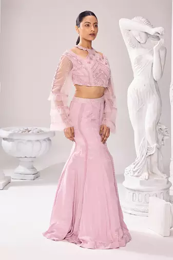 Pink Nectar Hand Embroidery Crepe Lehenga set