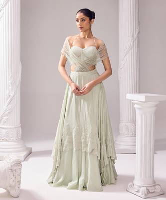 Green Lehenga And Blouse Opara Embroidery Pearl Austin Layered Draped Set 1