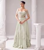 Green Lehenga And Blouse Opara Embroidery Pearl Austin Layered Draped Set