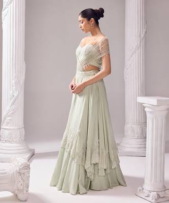 Green Lehenga And Blouse Opara Embroidery Pearl Austin Layered Draped Set 2