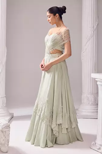 Green Lehenga And Blouse Opara Embroidery Pearl Austin Layered Draped Set