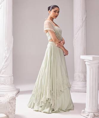 Green Lehenga And Blouse Opara Embroidery Pearl Austin Layered Draped Set 3