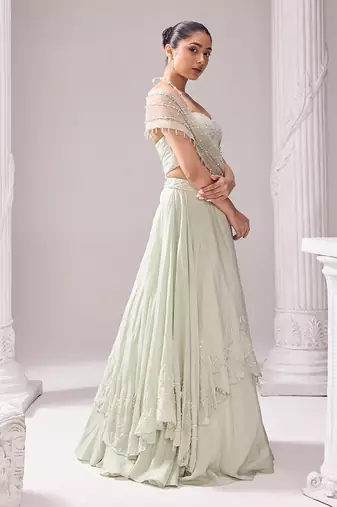 Green Lehenga And Blouse Opara Embroidery Pearl Austin Layered Draped Set