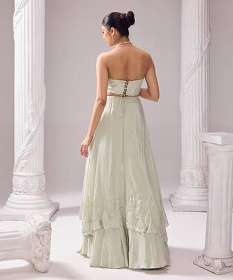 Green Lehenga And Blouse Opara Embroidery Pearl Austin Layered Draped Set 4