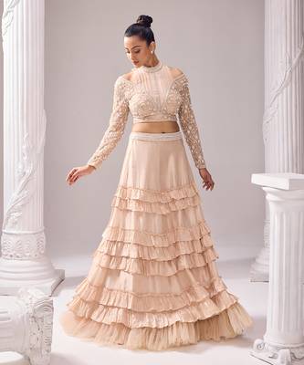 Peach Opara Embroidery Floral Mollie Halter Crop Top And Skirt Set 1