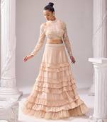 Peach Opara Embroidery Floral Mollie Halter Crop Top And Skirt Set