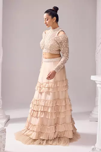 Peach Opara Embroidery Floral Mollie Halter Crop Top And Skirt Set