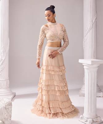 Peach Opara Embroidery Floral Mollie Halter Crop Top And Skirt Set 3