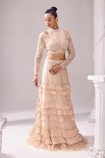 Peach Opara Embroidery Floral Mollie Halter Crop Top And Skirt Set
