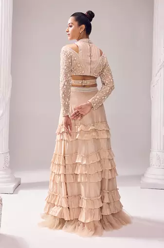 Peach Opara Embroidery Floral Mollie Halter Crop Top And Skirt Set