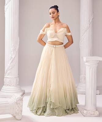 Off White Lehenga And Blouse Organza Embellished Pearl Amelia Set 1