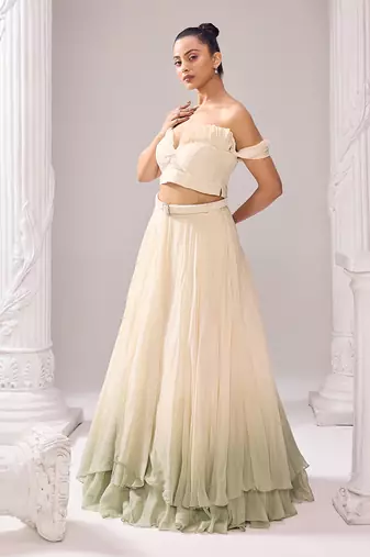 Off White Lehenga And Blouse Organza Embellished Pearl Amelia Set
