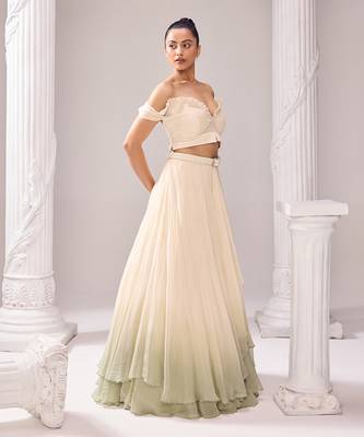 Off White Lehenga And Blouse Organza Embellished Pearl Amelia Set 3