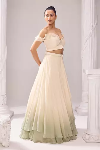 Off White Lehenga And Blouse Organza Embellished Pearl Amelia Set