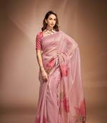 Pink designer zari base crushed tissue silk saree with blouse