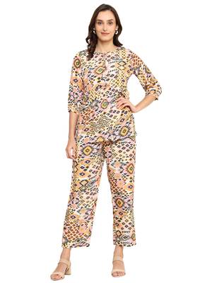 polyester digital printed keyhole neck 3/4th sleeve co-ord set || top pant set || short kurti set 1