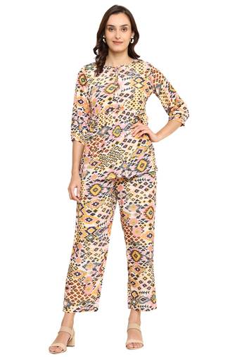polyester digital printed keyhole neck 3/4th sleeve co-ord set || top pant set || short kurti set