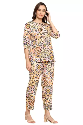 polyester digital printed keyhole neck 3/4th sleeve co-ord set || top pant set || short kurti set