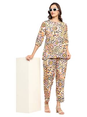 polyester digital printed keyhole neck 3/4th sleeve co-ord set || top pant set || short kurti set 4