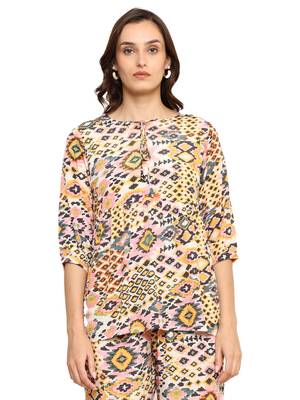 polyester digital printed keyhole neck 3/4th sleeve co-ord set || top pant set || short kurti set 5