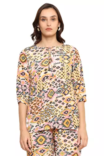 polyester digital printed keyhole neck 3/4th sleeve co-ord set || top pant set || short kurti set