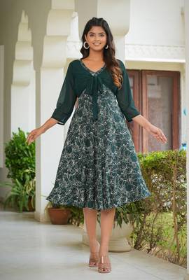  women's floral printed jacket style anarkali dress (green) 1