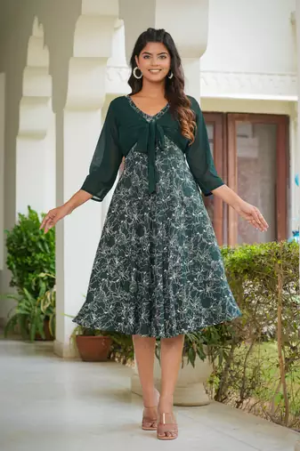 Yash gallery women's floral printed jacket style anarkali  dress (green)