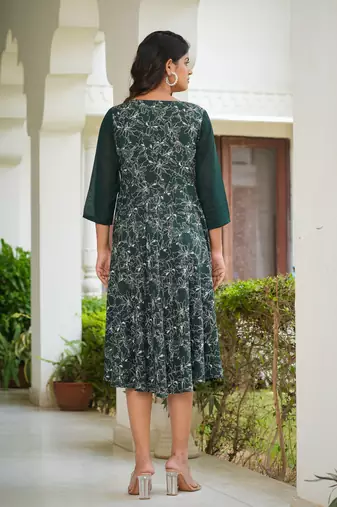  women's floral printed jacket style anarkali dress (green)