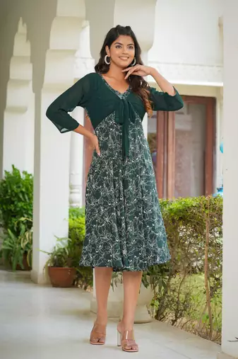  women's floral printed jacket style anarkali dress (green)