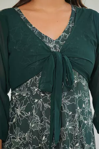  women's floral printed jacket style anarkali dress (green)
