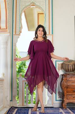  women's floral embroidered asymatric dress (wine) 1