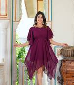 Yash gallery women's floral embroidered asymatric dress (wine)