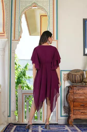  women's floral embroidered asymatric dress (wine)