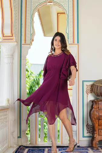  women's floral embroidered asymatric dress (wine)