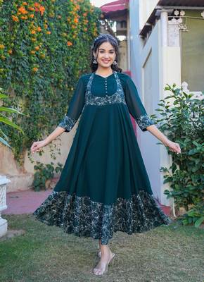  women's green georgette anarkali dress (green) 1