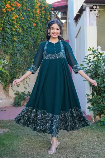  women's green georgette anarkali dress (green)