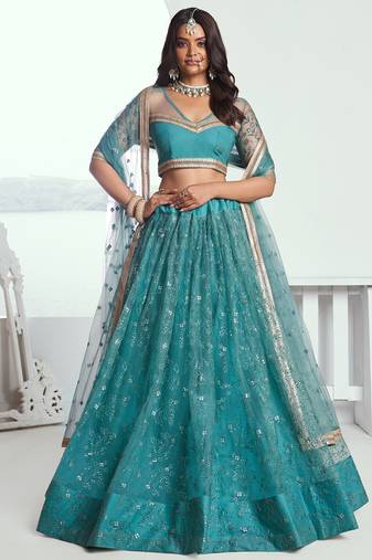 rama color embroidered net lehenga set choli with dupatta