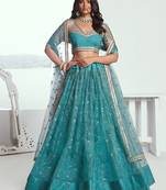 rama color embroidered net lehenga set choli with dupatta