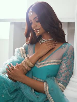 rama color embroidered net lehenga set choli with dupatta 5