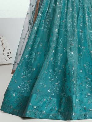 rama color embroidered net lehenga set choli with dupatta 6