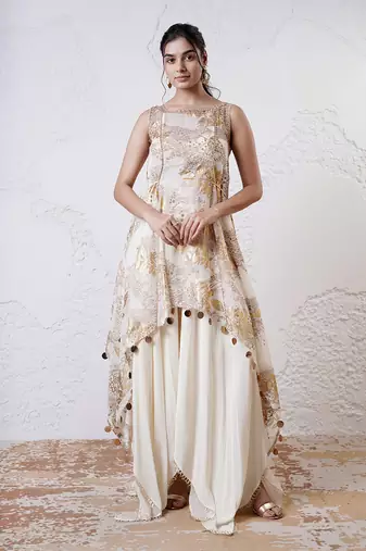 Ivory and gold printed crepe sharara set