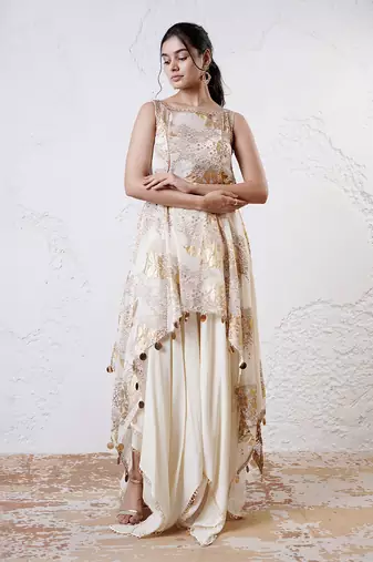 Ivory and gold printed crepe sharara set