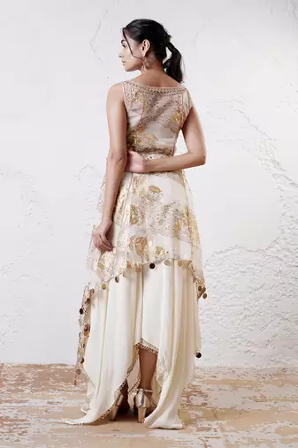 Ivory and gold printed crepe sharara set