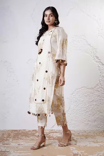 Ivory and gold printed crepe kurta set