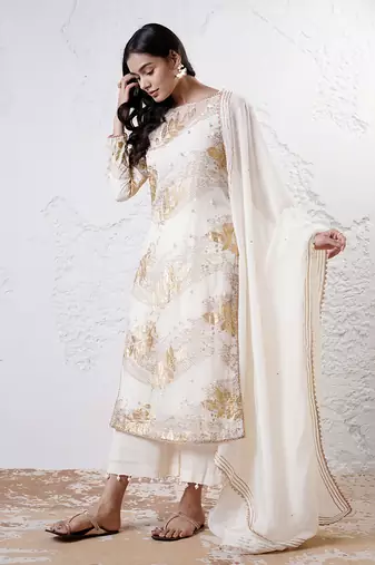 Ivory and gold embroidery crepe kurta set